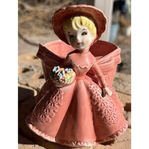 Vintage Lefton Blonde Girl Holding Flowers Planter Pink Bow